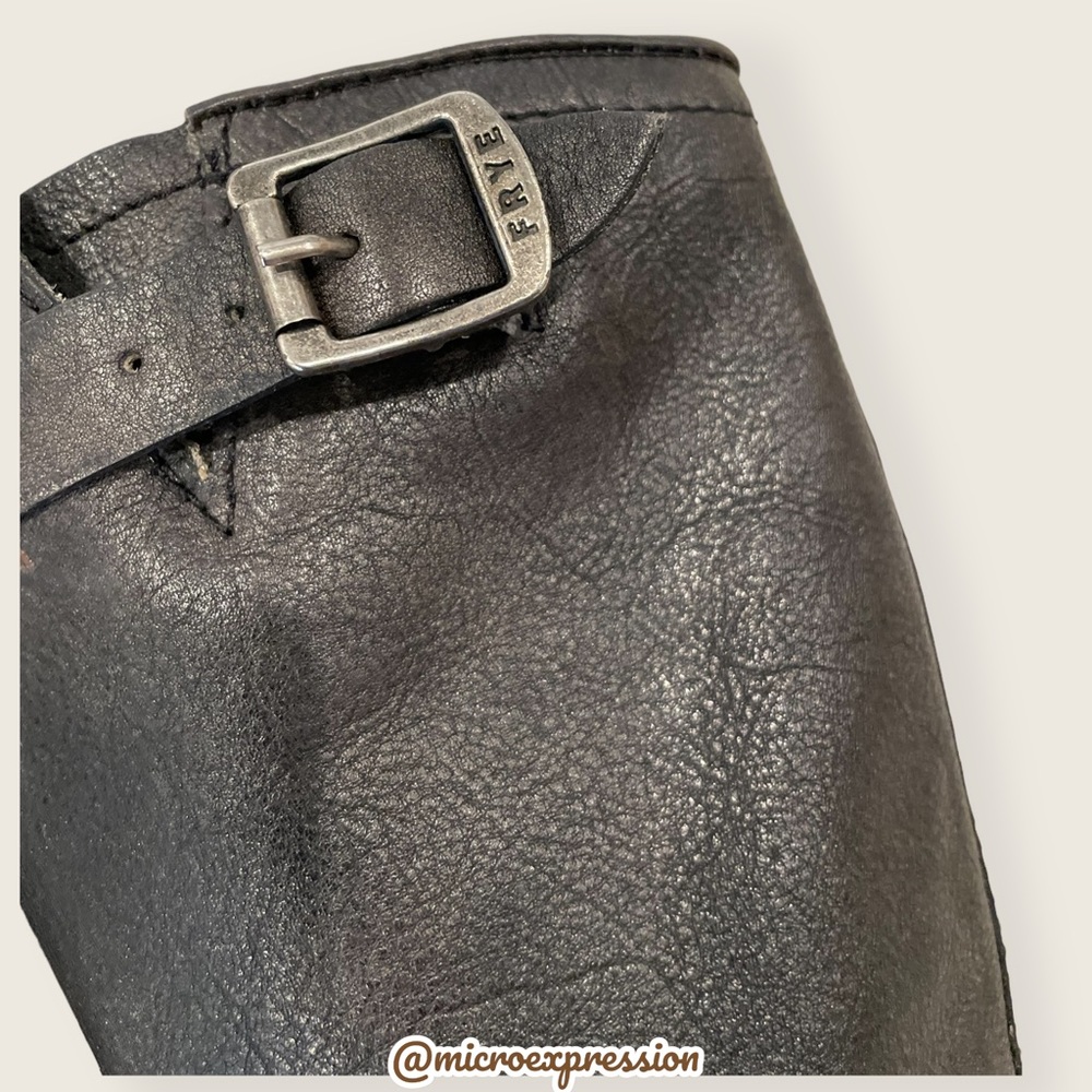 Frye Vera Slouch Grey Black Leather Block Heel Moto Knee High Tall Buckle Boot - Picture 11 of 13